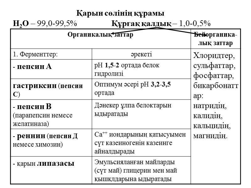 Қарын сөлінің құрамы Н2О – 99,0-99,5%    Құрғақ қалдық – 1,0-0,5%